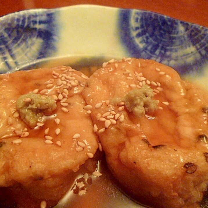 焼きがんもどきのわさび風味あんかけ